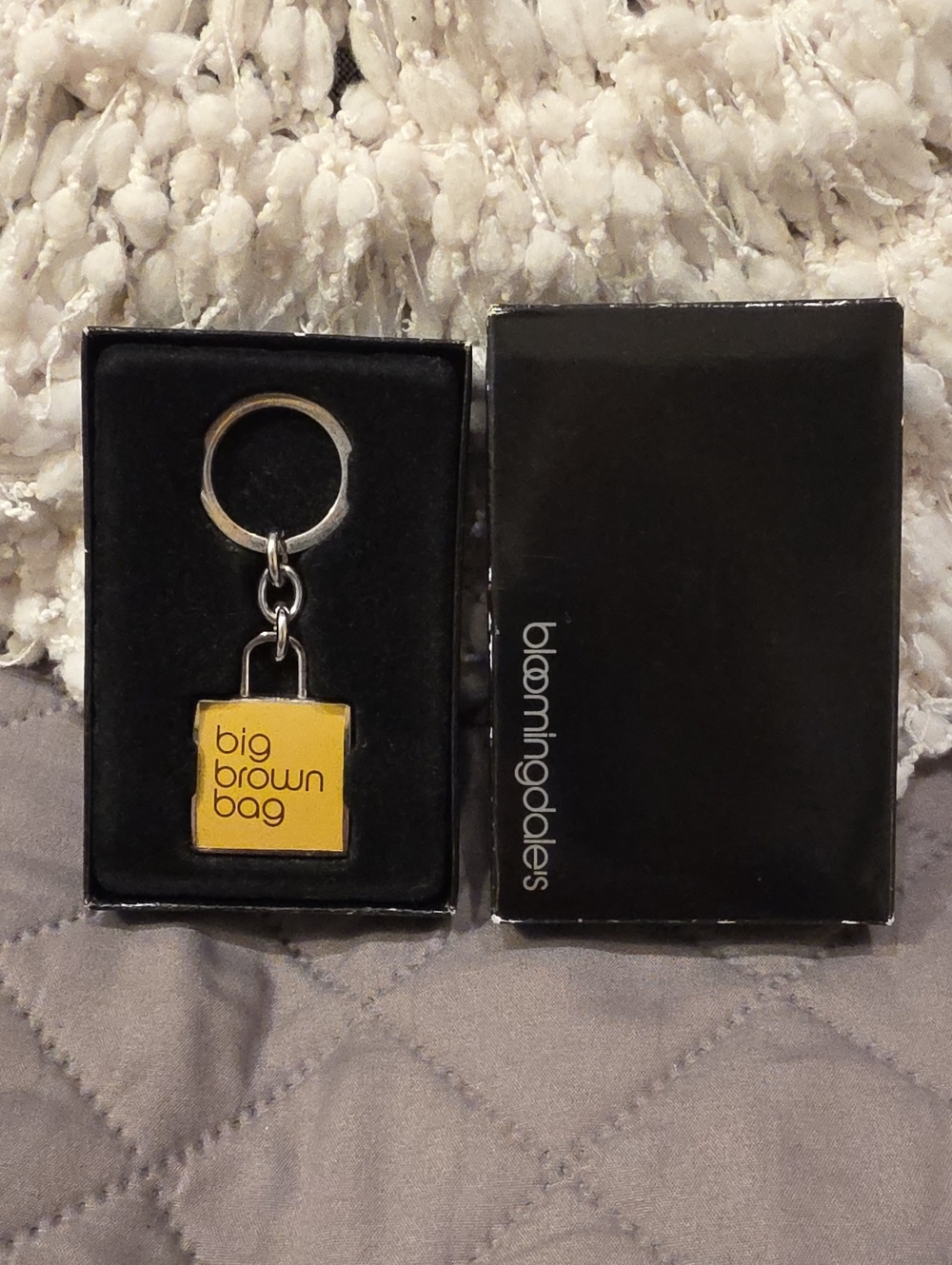 Bloomingdale's yellow 'big brown bag' enamel keychain